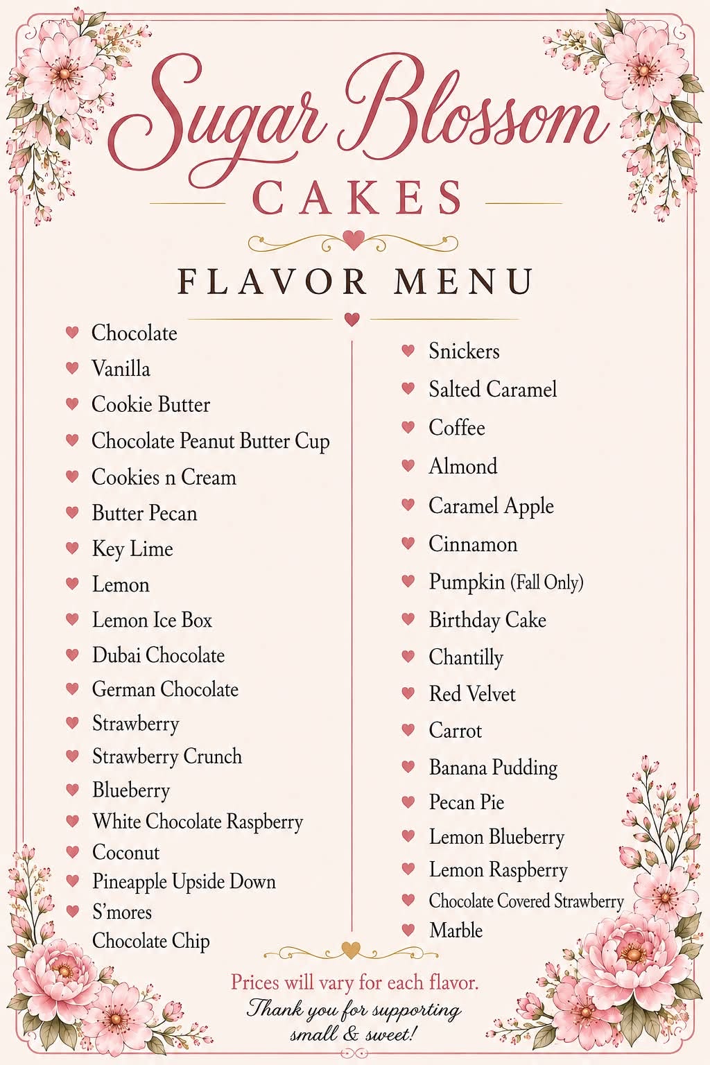 Sugar Blossom Cakes flavor menu with 36 cake flavors